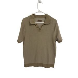 HB Knitwear Men's Large Khaki Short Sleeve Button Up V-Neck Pullover Sweater